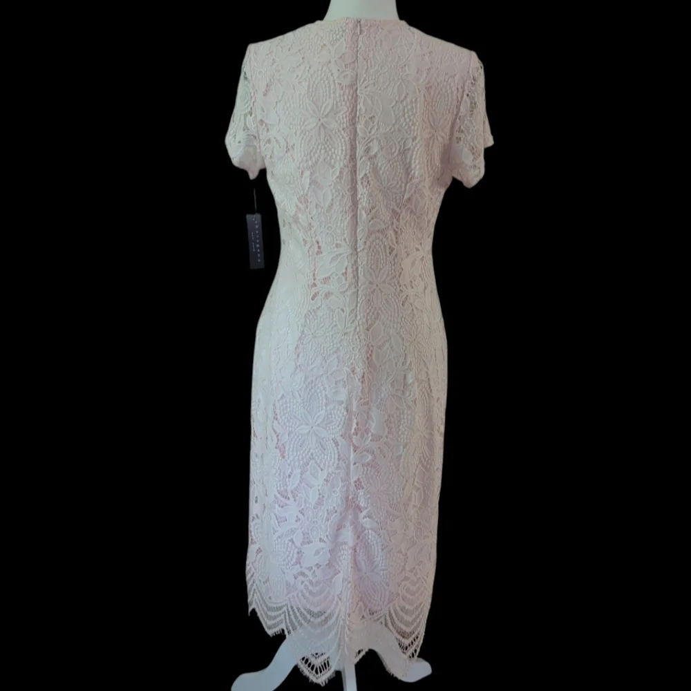 NWT Sharagano NY Azalea Faux Wrap Floral Lace Scalloped Midi Dress 8 Pink Mirage - Picture 8 of 16